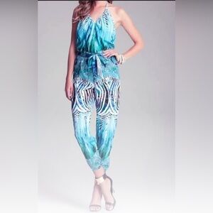 NWOT - Teal and White Patterned Backless Jumpsuit